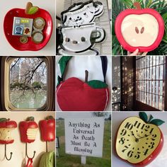 there are many different things on display in this collage, including apples and clocks