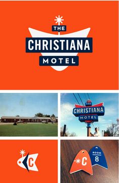 the christiana motel is shown on an orange background with white and blue letters that read,