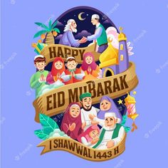 happy eid mubarak greeting card with cartoon characters and banner on blue background