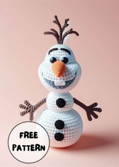 a crocheted snowman is shown with the words free pattern below it,