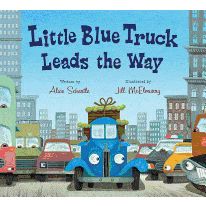 the book cover for little blue truck leads the way with cars and trucks in the background