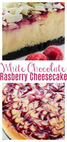 white chocolate raspberry cheesecake with text overlay