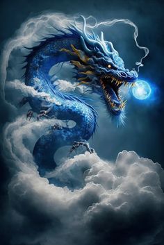 a blue dragon is flying through the clouds