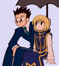 two anime characters are sitting on the ground with an umbrella over their heads and one has his arm around the other's head