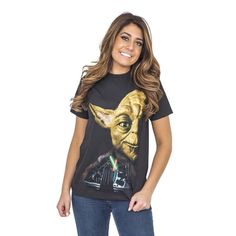 Buy this, you will! Carry Yoda's wisdom with you everywhere you go with this officially licensed "Return of the Jedi" t-shirt. The tee, famously worn by John C. Reilly's character Dale Doback in the classic comedy, "Step Brothers," features Yoda's smiling visage looming over Luke Skywalker's climactic battle with Darth Vader and Emperor Palpatine. Adult Black 100% Cotton Print is distressed for a vintage appeal Officially Licensed More Star Wars items: Star Wars Shirts Size chart Star Wars Items, Emperor Palpatine, Last Battle, Return Of The Jedi, Classic Comedies, Step Brothers, Star Wars Shirts, Luke Skywalker, Open Shoulder Tops