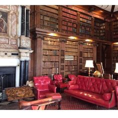 a living room filled with red leather furniture and lots of books on the shelves above