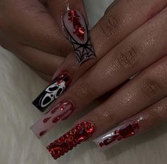 White Halloween Acrylic Nails, Red Ghostface Nails, Red Black And White Halloween Nails, Blinged Out Halloween Nails, Aesthetic Nails Halloween, Cute Halloween Sets Nails, Red And Black Spooky Nails, Xl Long Acrylic Nails Halloween, Blingy Halloween Nails