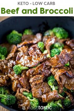 broccoli and beef in a skillet with the words keto low carb pale