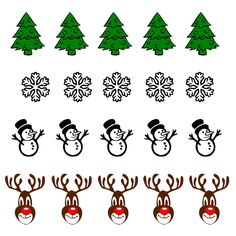 christmas reindeers and snowmen with hats on their heads are depicted in this set