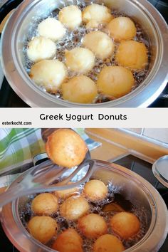 two pictures showing how to make greek yogurt doughnuts in the oven