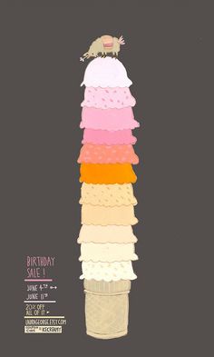 an ice cream cone is stacked with different colored layers