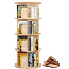 there is a book shelf with books on it and two pieces of wood next to it