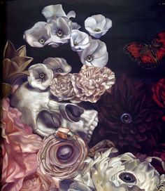 a painting of flowers and butterflies on a black background