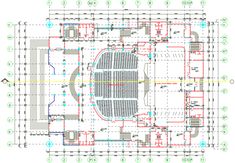 an architectural drawing shows the layout of a theatre and its seating area, as well as details