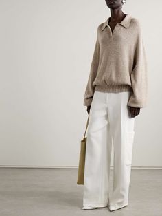 KHAITE Rene oversized cashmere polo sweater | NET-A-PORTER Beige Polo Collar Sweater For Fall, Elegant Beige Polo Sweater For Work, Chic Beige Polo Sweater For Winter, Chic Beige Polo Sweater For Work, Beige Collared Cashmere Polo Sweater, Chic Cashmere Polo Sweater, Chic Cashmere Polo Sweater For Winter, Collared Beige Cashmere Polo Sweater, Chic Cashmere Polo Sweater With Ribbed Collar