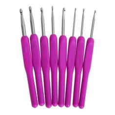 six different sized pink and silver tools on a white background