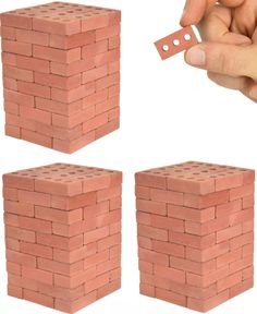 a hand holding a piece of brick in front of three smaller bricks