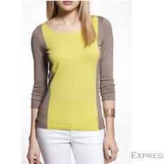 Nwot Condition! Express Lightweight Sweater With 3/4 Length Sleeves. Fitted Color Block Long Sleeve Sweater, Fitted Long Sleeve Color Block Sweater, Fitted Color Block Tops For Fall, Fitted Crew Neck Sweater With Color Block, Mustard Fitted Tops For Work, Fitted Mustard Top For Work, Spring Color Block Stretch Sweater, Fitted Color Block Sweater For Fall, Color Block Fitted Sweater For Fall