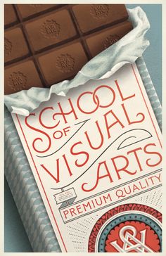 a book cover for the school of visual arts, with an image of a piece of chocolate