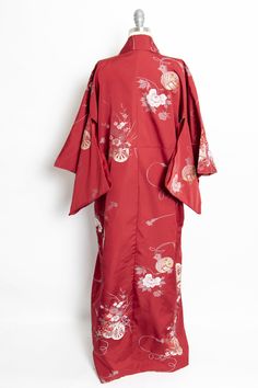 "A gorgeous vintage 1950s-60s Japanese long length kimono robe. Heavy weight deep raspberry red rayon crepe features a classic design with metallic lame threads. Features wide, long sleeves and open relaxed fit. No closures. Lined in rayon. Label: None Fits like size: S-L - shown on a modern sz 4 mannequin Bust: 44\" Length: 67\" Shoulder: 24\" Sleeve: 12.5\" Condition: Excellent. Please do not hesitate to convo with any questions. We upload large pictures - Simply click on each picture for a cl Vintage Red Kimono For Tea Ceremony, Vintage Red Long Kimono, Vintage Long Red Kimono, Vintage Red Kimono For Wedding, Red Long Kimono For Wedding, Long Red Kimono For Wedding, Vintage Long Sleeve Wedding Kimono, Traditional Red Long Sleeve Robe, Traditional Red Robe With Long Sleeves