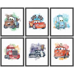 four cars are shown in watercolor on the same sheet as each other, and one is