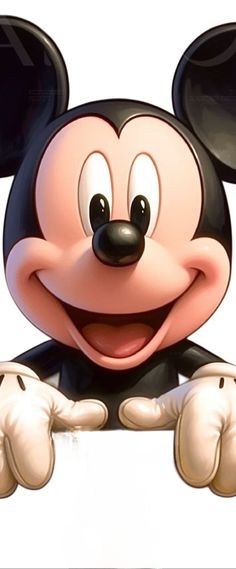 a cartoon mickey mouse with his hands on the edge of a white sign and smiling