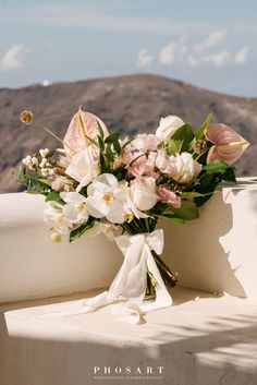 a bouquet of flowers sitting on top of a white wall with mountains in the background