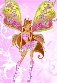 a beautiful fairy with wings and flowers on her back, is standing in front of a pink background