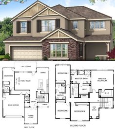 the floor plan for a two story house with three car garages and an attached porch