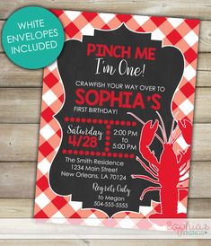 a red and white gingham printable birthday card with a lobster on it