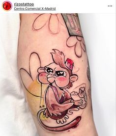 a monkey tattoo on the right leg with watercolors and ink work in progress