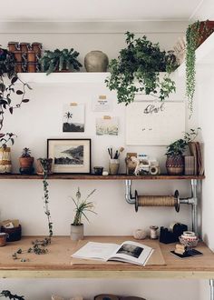 an open book sitting on top of a wooden table next to plants and bookshelves