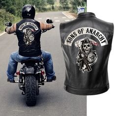 Purchasing from this listing you will buy a set of three sew on embroidered patches. The set includes: -1 Middle patch with Sons Of Anarchy logo -2 rockers that you can customize with your own text You can have every personalization you want, you just have to write it in the notes during the purchase. You can have your patch printed instead of embroidered if you want. If you have any question feel free to contact me!! I'm a biker and I know exactly what you need to have an amazing jacket Send us Black Rockabilly Biker Jacket For Streetwear, Black Cotton Biker Jacket, Sons Of Anarchy Vest, Mens Spring Jackets, Motorcycle Leather Vest, Mens Vest Jacket, Motorcycle Vest, Biker Vest, Faux Leather Coat