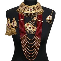 bridal jewellery set. Set includes- Necklace  Mala (long beaded necklace- can be added on)  Earrings  Jhumar  Tikka Bollywood Necklaces With Latkans For Wedding, Bollywood Style Necklaces With Latkans For Wedding, Bollywood Style Wedding Necklaces With Latkans, Bollywood Style Necklace With Latkans For Wedding, Red Tilla Jewelry For Marriage, Tilla Jewelry For Marriage And Festivals, Latkans Jewelry For Wedding And Diwali, Bollywood Chandbali Bridal Necklace For Marriage, Bollywood Style Chandbali Bridal Necklace For Marriage