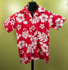 "Vintage 1970's Alohawears Boys Hawaiian Shirt. Red in color, with white flowers. Button front, coconut buttons. Size 12. Measures 36\" chest and 22.5\" length. Excellent vintage condition." Hawian Shirt, Red Hawaiian Shirt, Hawaiian Shirt Outfit, Boys Hawaiian Shirt, White Hawaiian Shirt, Phoenix Az, Kids Tops, Red Floral, Drawing Reference