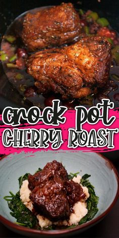 there is a plate with meat and potatoes on it, and the words great pot cherry roast