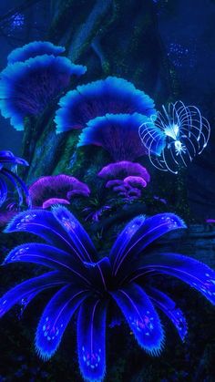 an image of blue flowers in the dark forest at night with bright lights on them