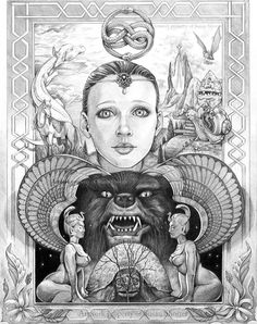 a drawing of a woman surrounded by monsters