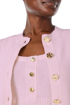 Cropped, wrist-length long sleeve cardigan in pink cashmere jersey with gold buttons. Cropped tank sold separately. Fitted for a shrunken look Pink cashmere jersey Gold button closure Monique Lhuillier Spring 2024 Ready to Wear Collection Cardigan Crop, Cropped Long Sleeve, Soft Bra, Triangle Bralette, Ready To Wear Collection, Monique Lhuillier, Sleeve Cardigan, Spring 2024, Gold Buttons