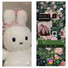 two screens showing the same wallpaper and an image of a stuffed animal with a pink bow on its head