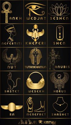 the egyptian symbols and their meanings are shown in gold on a black background with white lettering