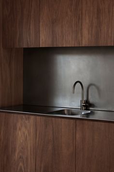 a stainless steel kitchen sink with wooden cabinets in the backround and wood paneling on the wall