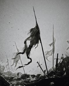 an image of people in the air with flags and horses flying above them on a foggy day