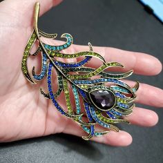 a person's hand holding a colorful brooch with a peacock design on it