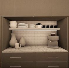 the shelves in this kitchen are filled with dishes and vases