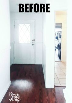 a white door with the words before and after written on it in black over an image of a wood floor