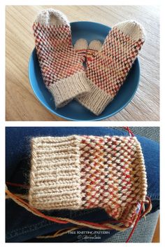 two pictures showing different types of knitted mitts on a plate and in a bowl