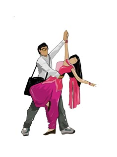 a man and woman are dancing together on a white background, with one holding the other's hand