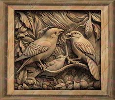 two birds sitting on top of a tree branch next to leaves and flowers in a wooden frame