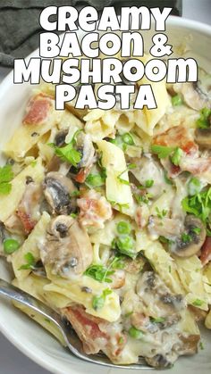 creamy bacon and mushroom pasta in a white bowl